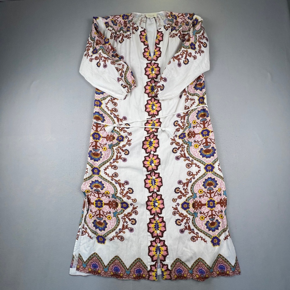 Cleobella Maxi Dress Womens Small White Floral Paisley Cotton Linen Boho Belted - Picture 4 of 16